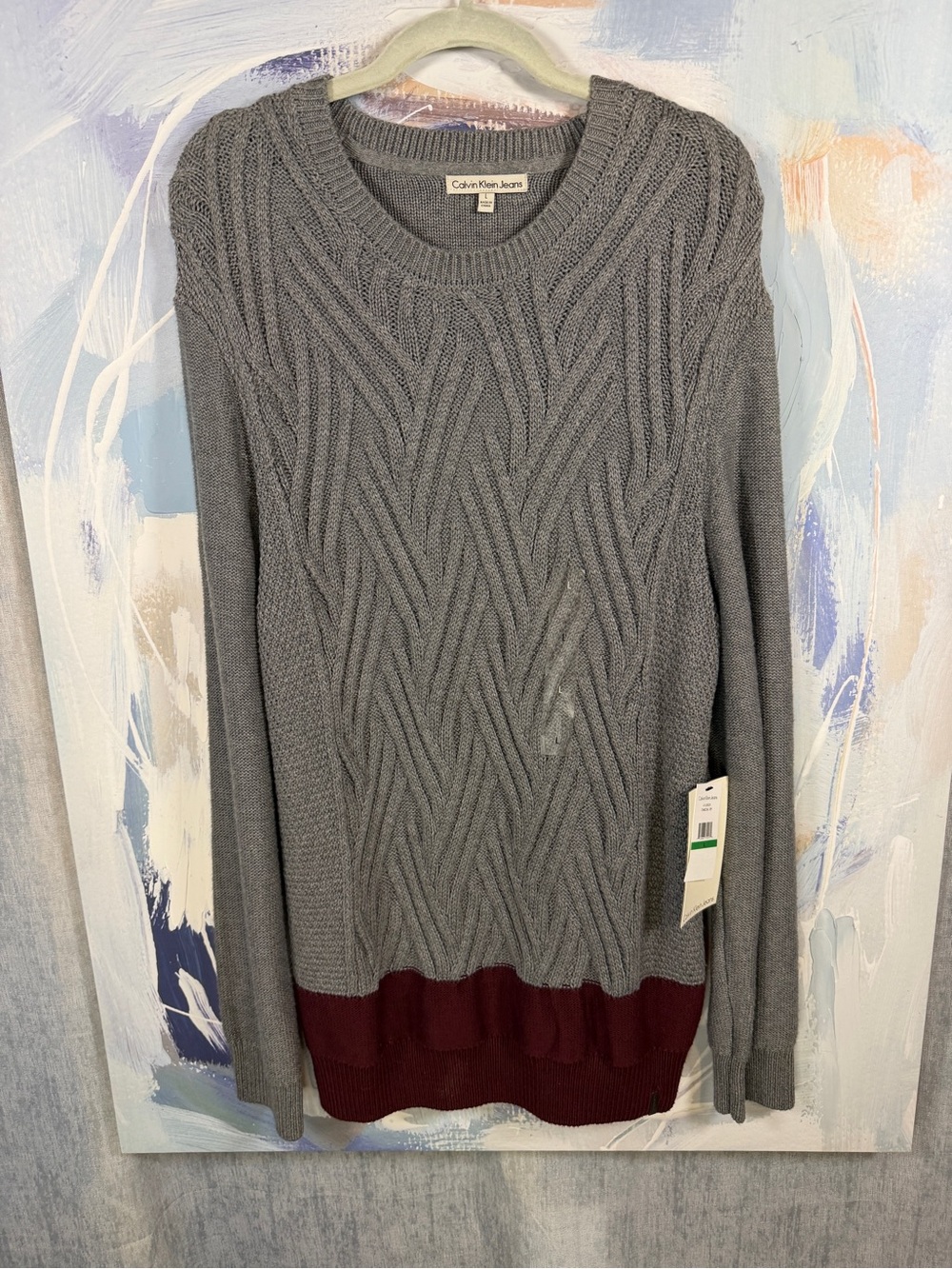 Calvin Klein Jeans Cable Knit Sweater L Charcoal Gray Burgundy Colorblock